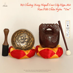 Bộ Chuông Xoay Nepal Cao Cấp Kèm Mõ Họa Tiết Chân Ngôn "Om" - CXNP75