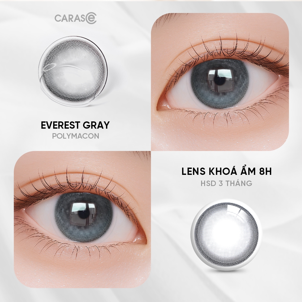 [1 chiếc] Kính áp tròng khoá ẩm 8H 3 Tháng Màu Xám Tro Viền Đen CARASE, Lens cận EVEREST GRAY