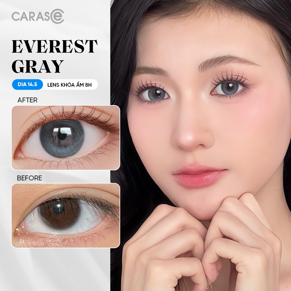 [1 chiếc] Kính áp tròng khoá ẩm 8H 3 Tháng Màu Xám Tro Viền Đen CARASE, Lens cận EVEREST GRAY