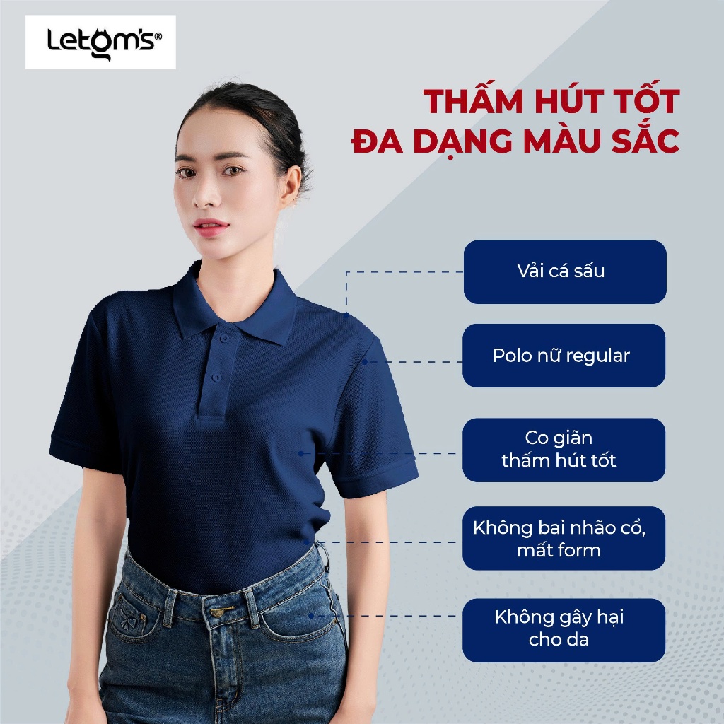 Áo polo nữ co giãn thoáng mát, cổ bẻ basic, thời trang công sở LeTom's, size S-2XL