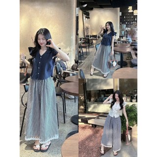 Set bộ thời trang nữ chất Thô cổ chữ V tay bèo ngắn áo có nút gài phối quần Lụa dài ống rộng hoạ tiết kẻ sọc cho chị em