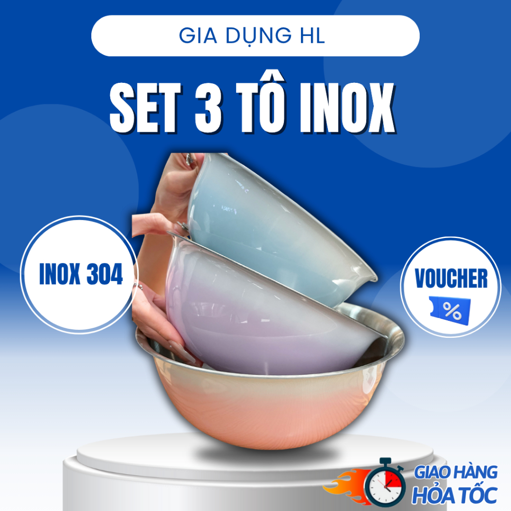 Set 3 bát inox 304 Hàn Quốc – Dùng ăn mì, đựng salad, trộn bột – An toàn cho sức khỏe
