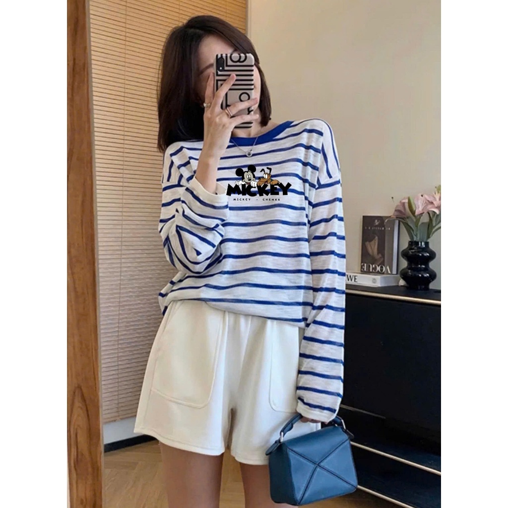 Áo thun nữ tay dài kẻ sọc xanh đậm in hình siêu xinh JULY FASHION, Áo thun dài tay chất xượt mềm mại mùa đông 2025
