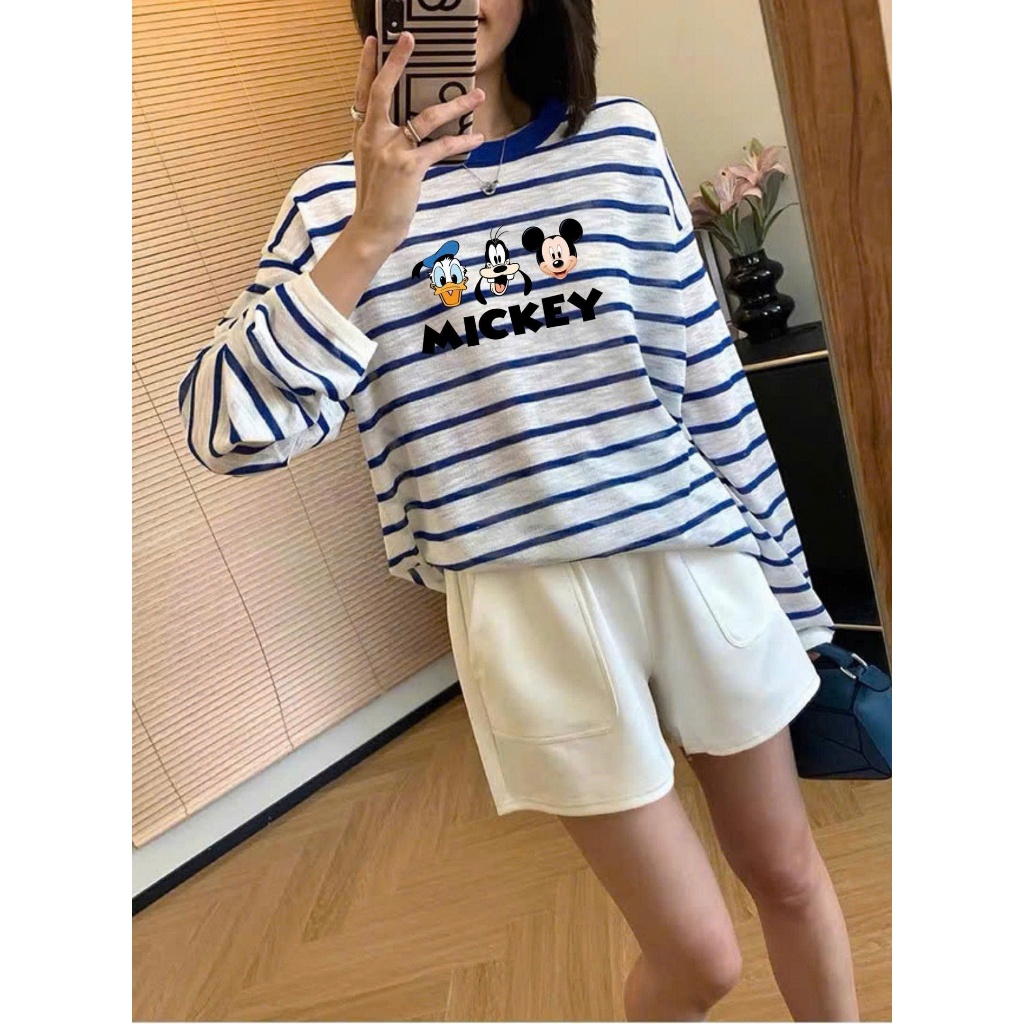 Áo thun nữ tay dài kẻ sọc xanh đậm in hình siêu xinh JULY FASHION, Áo thun dài tay chất xượt mềm mại mùa đông 2025