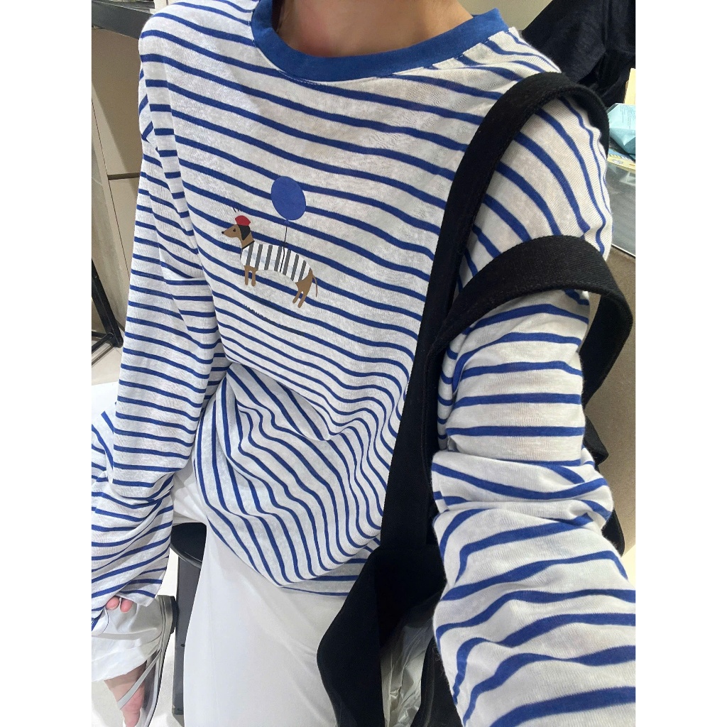 Áo thun nữ tay dài kẻ sọc xanh đậm in hình siêu xinh JULY FASHION, Áo thun dài tay chất xượt mềm mại mùa đông 2025