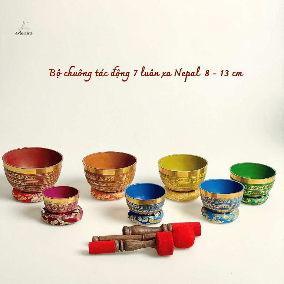 Bộ Chuông Xoay 7 Luân sa Nepal - Chuông xoay 7 màu 7 luân xa 7 nốt- titan bowl meditation- Singing bowls- Amrita CXNP129