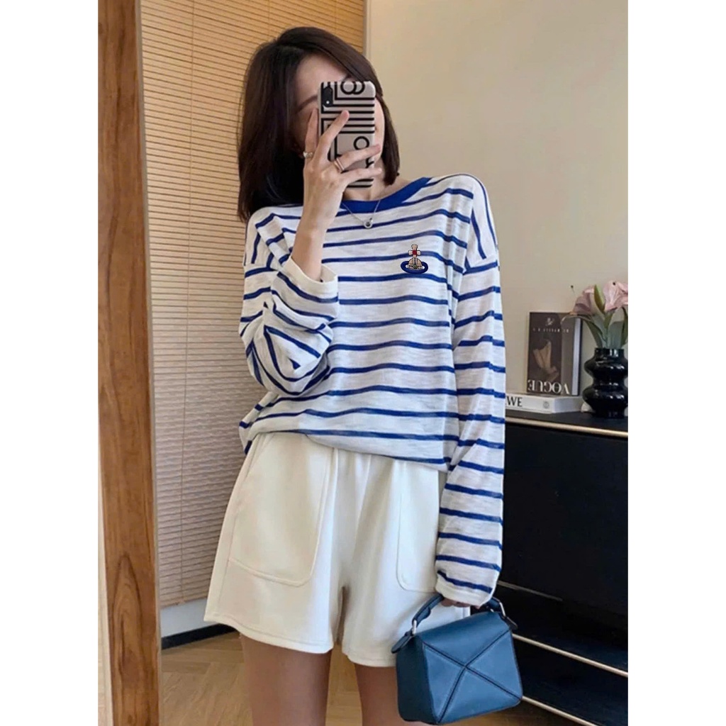 Áo thun nữ tay dài kẻ sọc xanh đậm in hình siêu xinh JULY FASHION, Áo thun dài tay chất xượt mềm mại mùa đông 2025