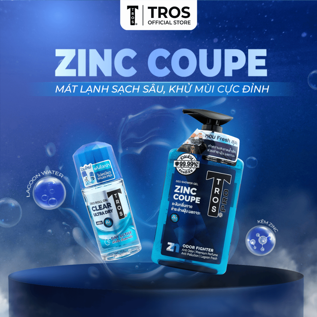 Bộ Đôi TROS Zinc Coupe & Clear Ultra – Làm Sạch Sâu, Ngừa Mụn & Khô Thoáng Ngăn Mùi Suốt Ngày