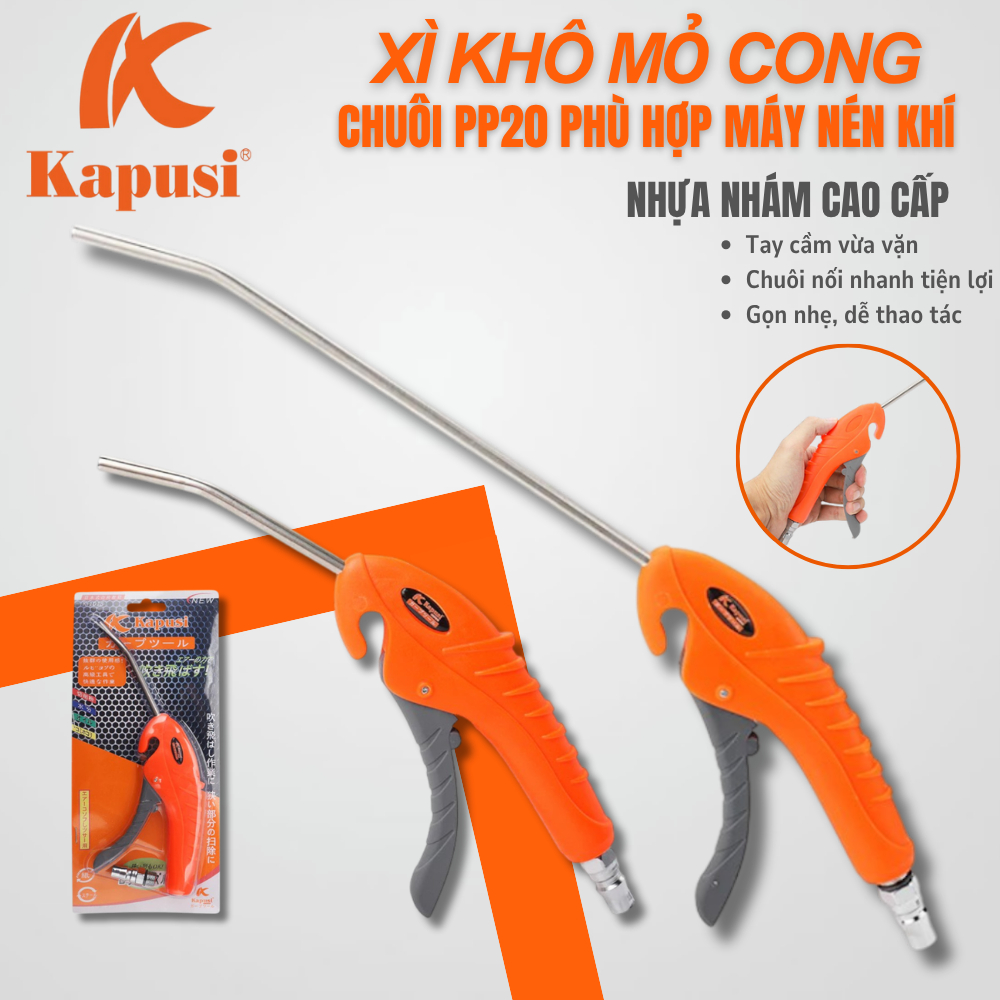 Xì khô, xịt hơi, dụng cụ xì khô mỏ cong Nhật Kapusi, nối nhanh chuôi PP20 phù hợp dây máy nén khí, máy bơm hơi