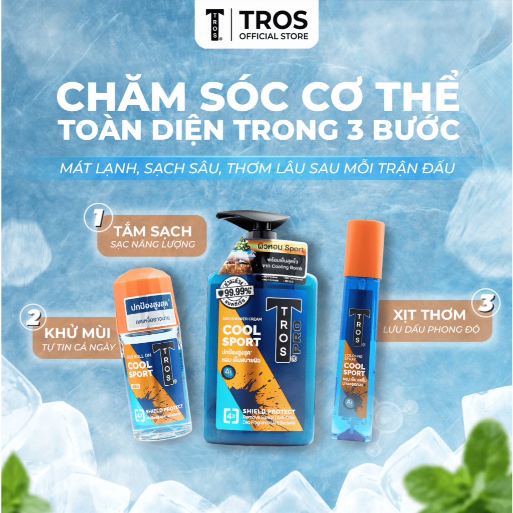 Combo TROS Cool Sport: Sữa Tắm, Lăn Khử Mùi & Xịt Toàn Thân - Bộ 3 Năng Động Thể Thao, Mát Lạnh Cả Ngày