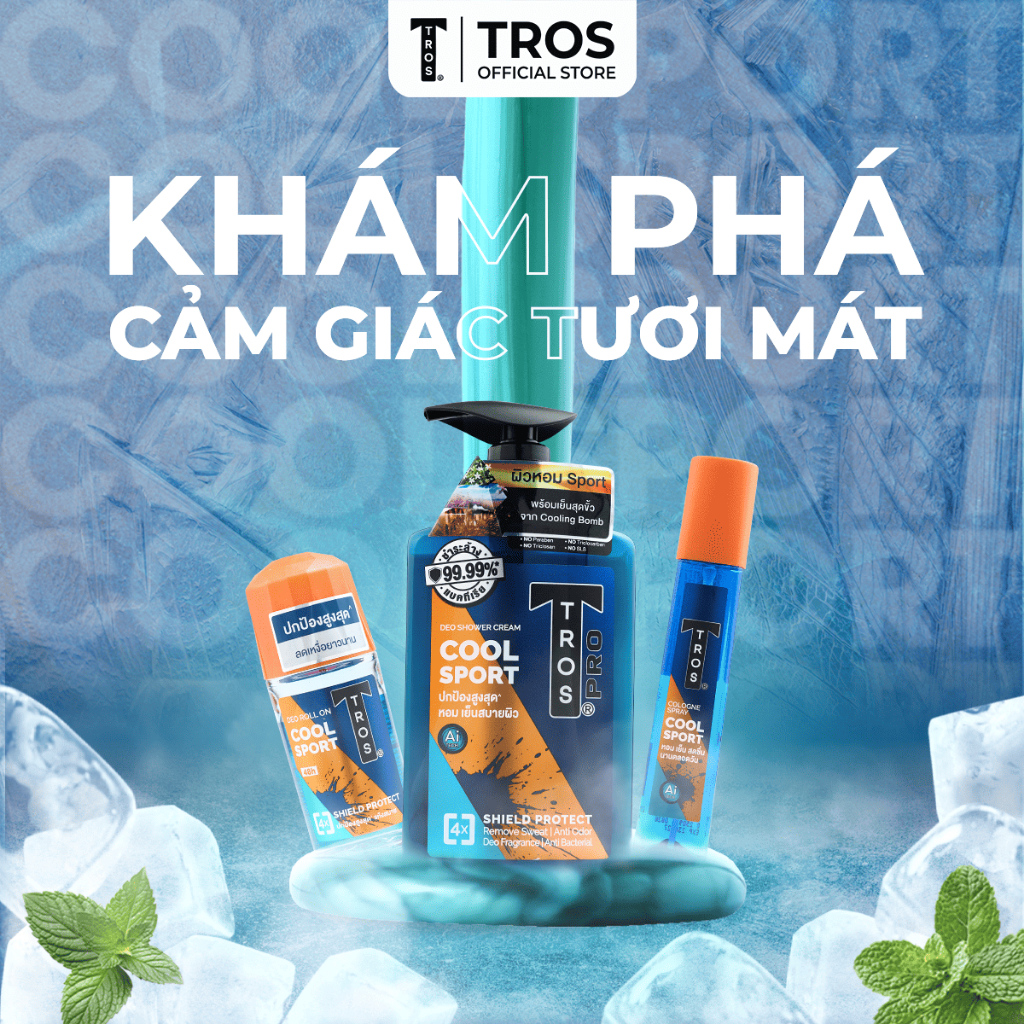 Combo TROS Cool Sport: Sữa Tắm, Lăn Khử Mùi & Xịt Toàn Thân - Bộ 3 Năng Động Thể Thao, Mát Lạnh Cả Ngày