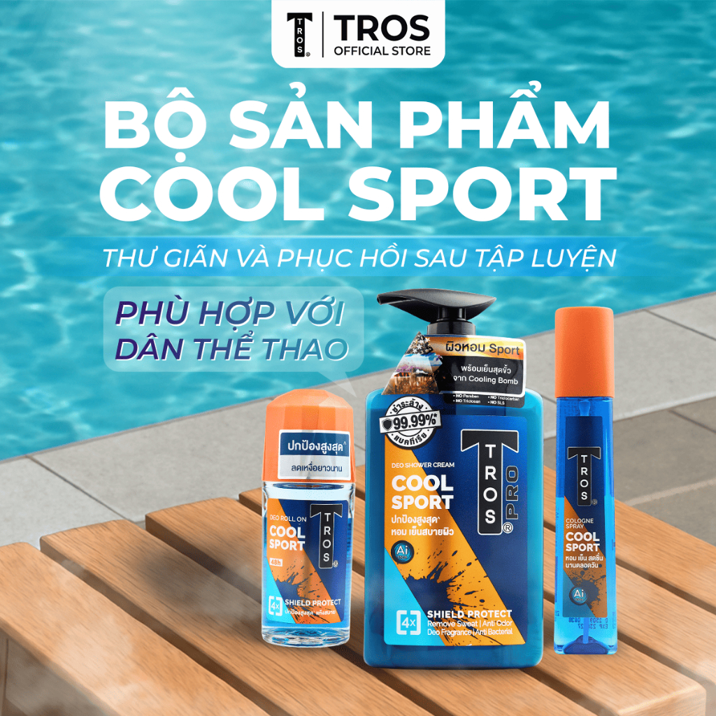 Combo TROS Cool Sport: Sữa Tắm, Lăn Khử Mùi & Xịt Toàn Thân - Bộ 3 Năng Động Thể Thao, Mát Lạnh Cả Ngày
