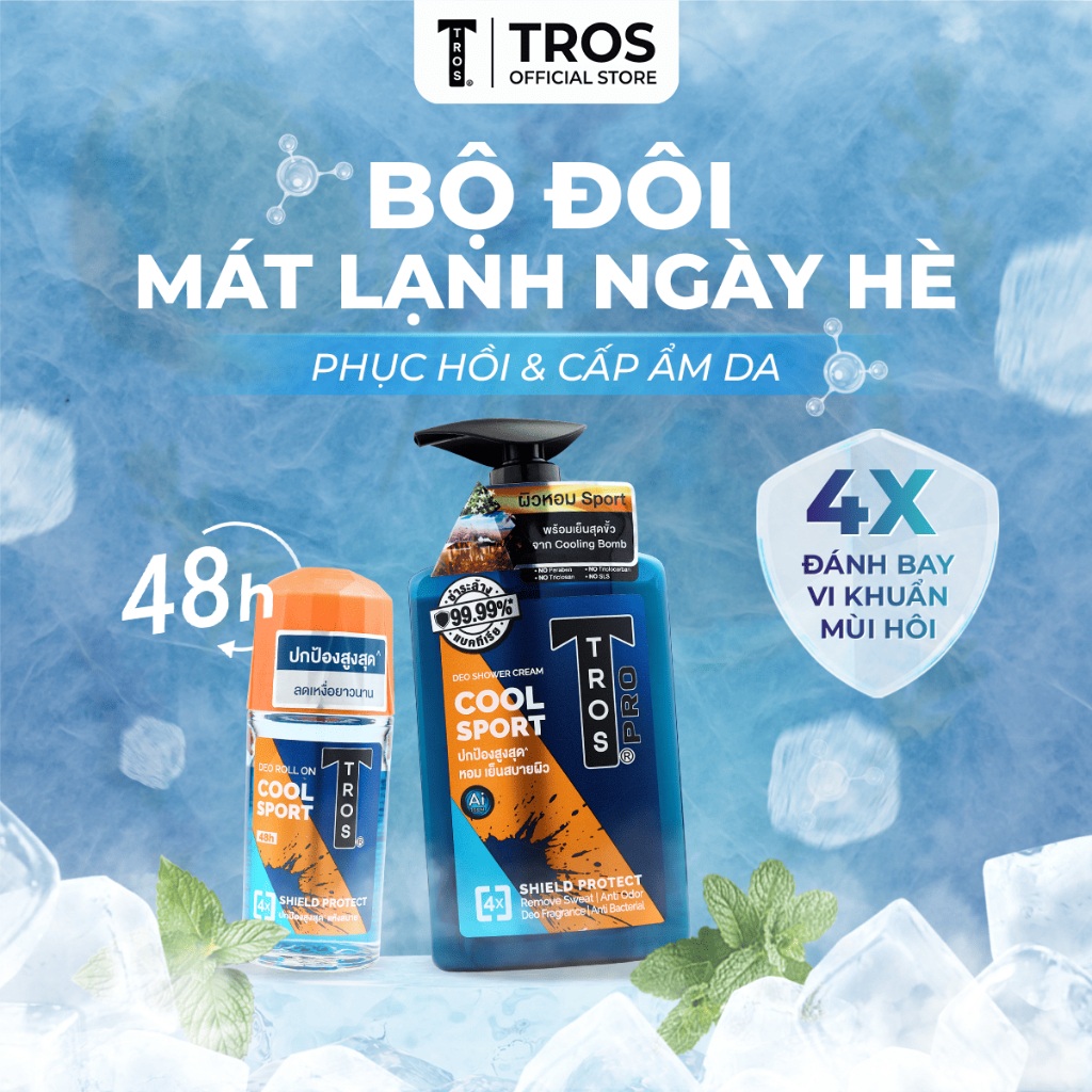 Combo TROS Cool Sport: Sữa Tắm, Lăn Khử Mùi & Xịt Toàn Thân - Bộ 3 Năng Động Thể Thao, Mát Lạnh Cả Ngày