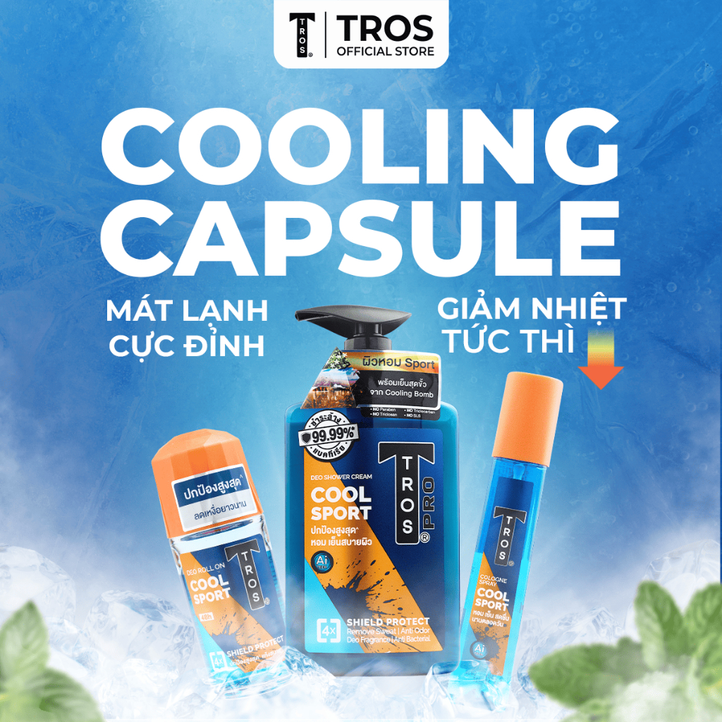 Combo TROS Cool Sport: Sữa Tắm, Lăn Khử Mùi & Xịt Toàn Thân - Bộ 3 Năng Động Thể Thao, Mát Lạnh Cả Ngày