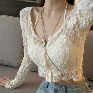 Áo Cardigan Mỏng Ren 1 lớp Hoa Sexy Dáng Ngắn Hàn Quốc Nhẹ Nhàng Vintage