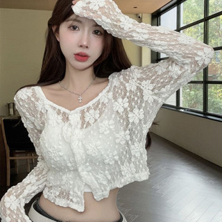 Áo Cardigan Mỏng Ren 1 lớp Hoa Sexy Dáng Ngắn Hàn Quốc Nhẹ Nhàng Vintage