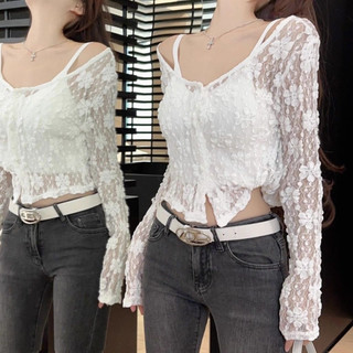 Áo Cardigan Mỏng Ren 1 lớp Hoa Sexy Dáng Ngắn Hàn Quốc Nhẹ Nhàng Vintage