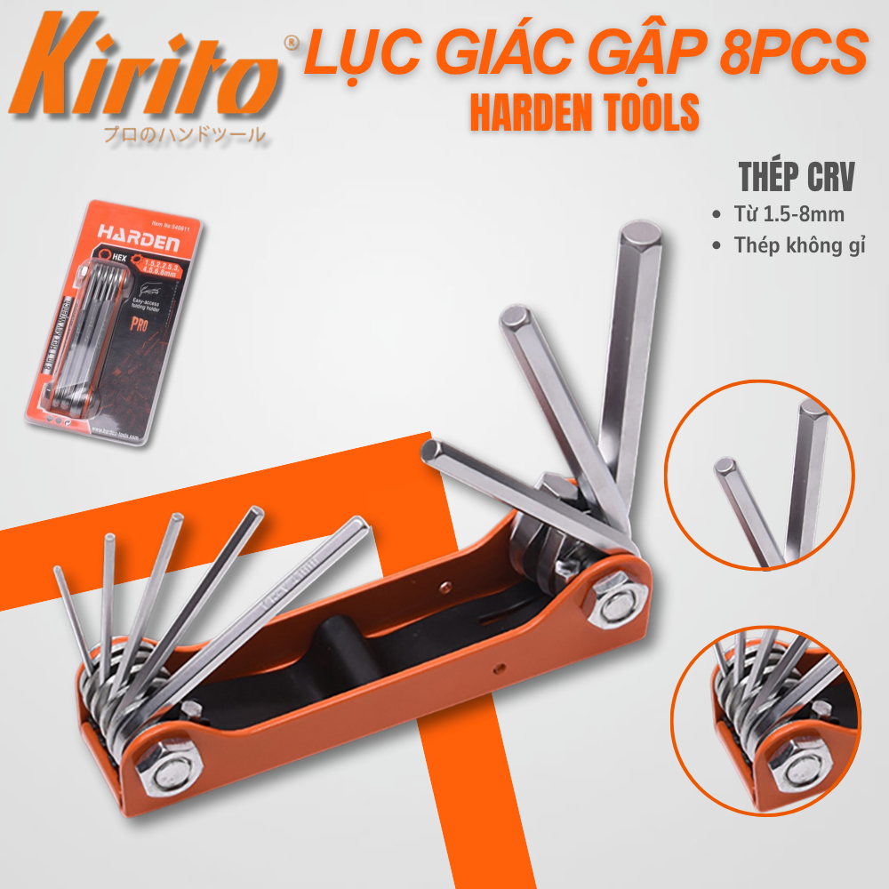 Bộ Lục Giác Gấp gọn 8 Trong 1 Thép Chrome Vanadium 540611 HARDEN