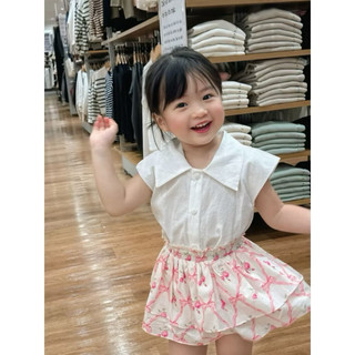 Set áo sơ mi cổ sen + chân váy hoa tầng màu Hồng cho bé gái