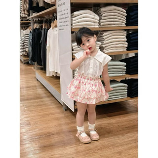 Set áo sơ mi cổ sen + chân váy hoa tầng màu Hồng cho bé gái