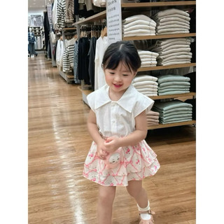 Set áo sơ mi cổ sen + chân váy hoa tầng màu Hồng cho bé gái