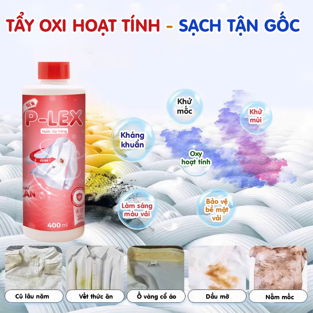 Xịt Tẩy Trắng Quần Áo PLEX 400ml – Tẩy Vết Ố, Mốc, Mực, Dầu Mỡ – Không Phai Màu – An Toàn Da Tay