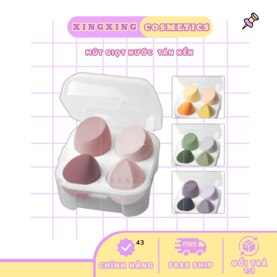 Mút tán kem nền kem che khuyết điểm cho mặt màu pastel (hộp 4 cái) xinh xắn bông thấm nước dễ dàng vệ sinh