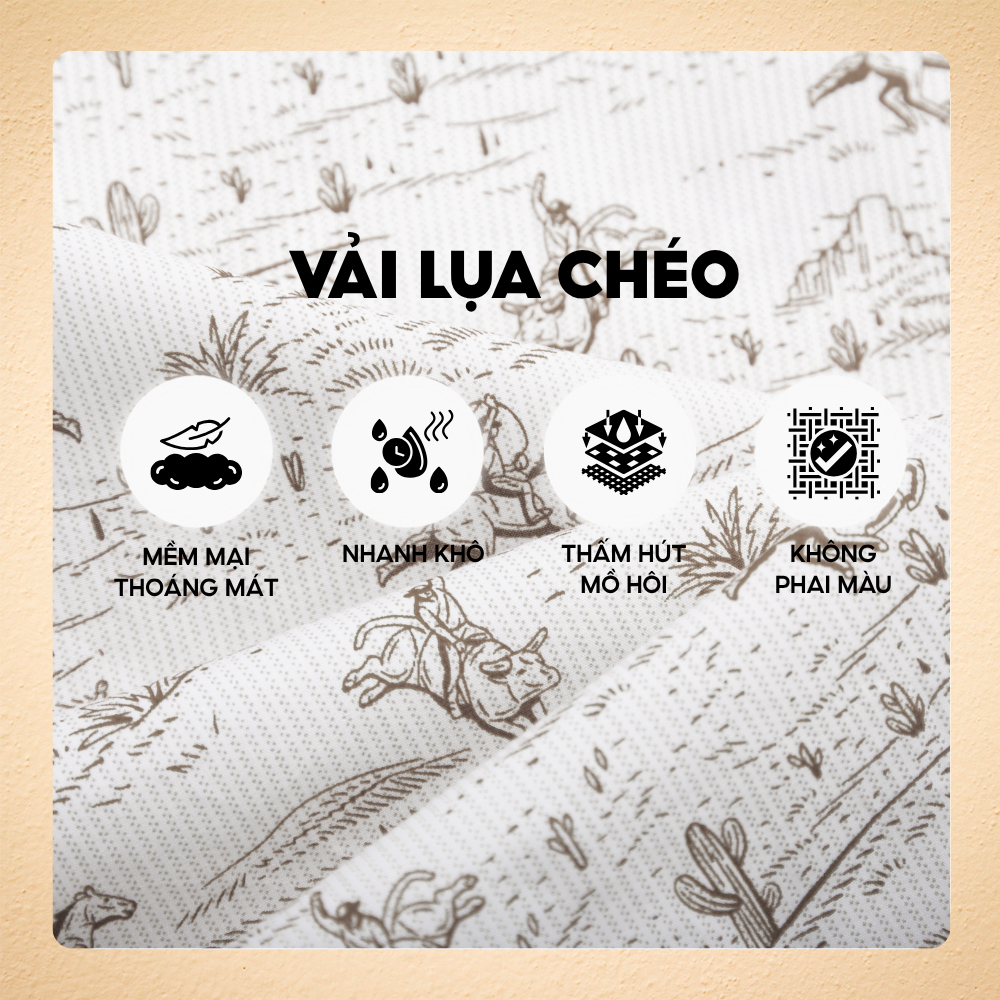 Áo sơ mi nam Buckaroo tay ngắn, vải lụa chéo mát mẻ, không xù, họa tiết cao bồi in chuyển nhiệt cao cấp, bền màu -FEAER