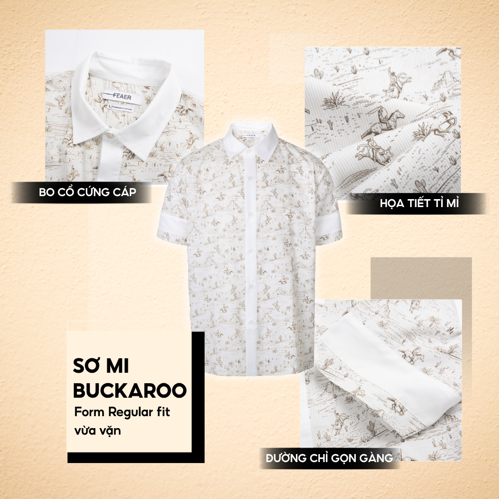 Áo sơ mi nam Buckaroo tay ngắn, vải lụa chéo mát mẻ, không xù, họa tiết cao bồi in chuyển nhiệt cao cấp, bền màu -FEAER