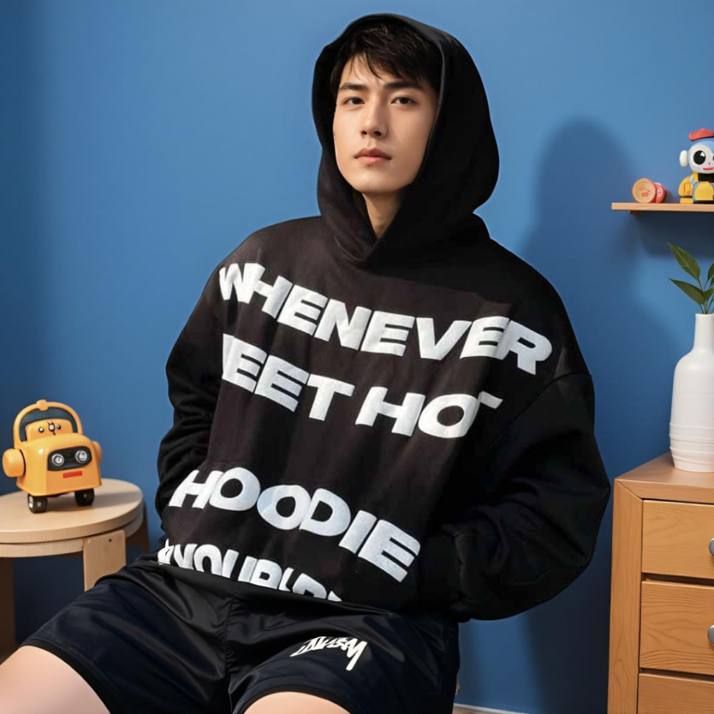 Áo Hoodie Đi Nắng WHENEVER In Chữ Nổi 3D Dáng Rộng Nam Nữ Mùa Thu Đông Mặc Cặp Đôi SSL