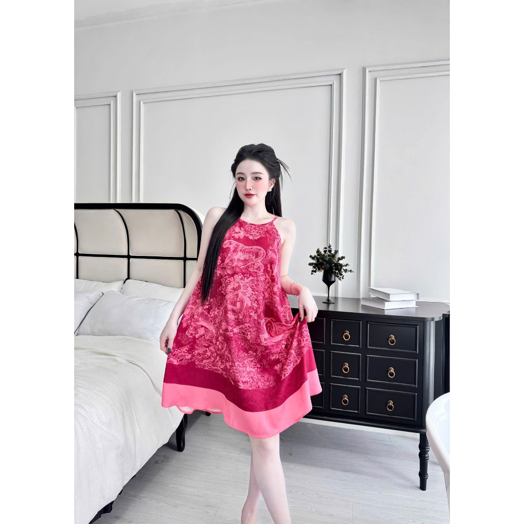 Đầm ngủ hai dây Vy Linh chất liệu gấm hải đường họa tiết 3D xinh xắn thoáng mát, mềm mại S1315