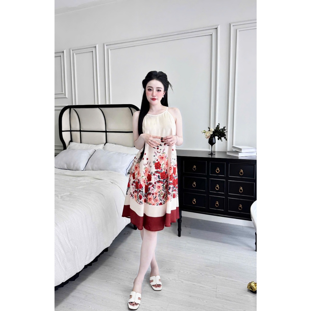 Đầm ngủ hai dây Vy Linh chất liệu gấm hải đường họa tiết 3D xinh xắn thoáng mát, mềm mại S1315