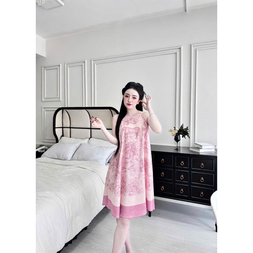 Đầm ngủ hai dây Vy Linh chất liệu gấm hải đường họa tiết 3D xinh xắn thoáng mát, mềm mại S1315