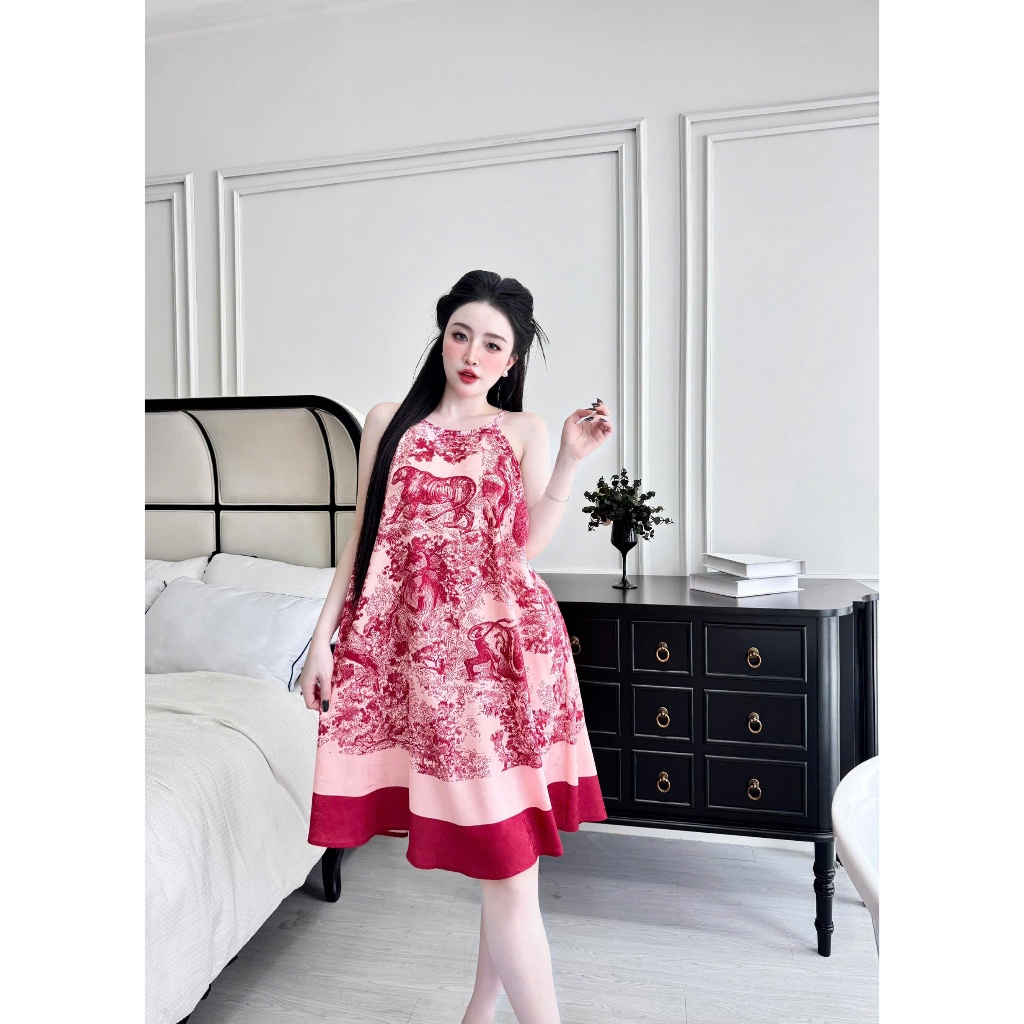 Đầm ngủ hai dây Vy Linh chất liệu gấm hải đường họa tiết 3D xinh xắn thoáng mát, mềm mại S1315