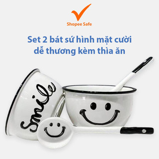 Set 2 bát sứ hình mặt cười dễ thương kèm thìa ăn cơm ngon miệng cho bé