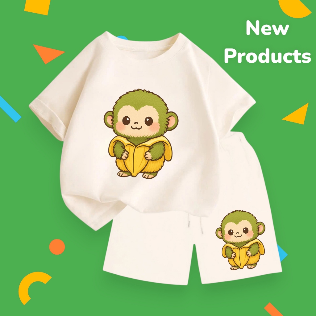 Bộ Cotton Hè Bé Trai Bé Gái – Hình Khỉ Xanh Mặc Chuối Vàng Dễ Thương, Mặc Cực Mát (M 230)