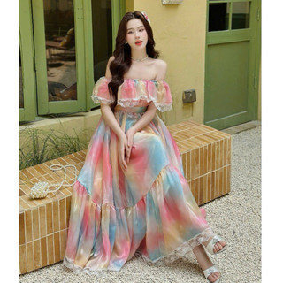 Váy xòe midi trễ vai mix màu mặc Hè, du lịch, dạo phố cực xinh