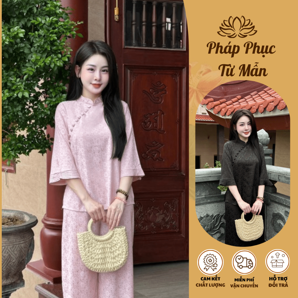 Bộ đi chùa cách tân cổ tàu đính cúc bọc lụa gấm hoa trà Pháp phục lễ chùa tay lỡ gấm mềm mịn mặc lễ tết