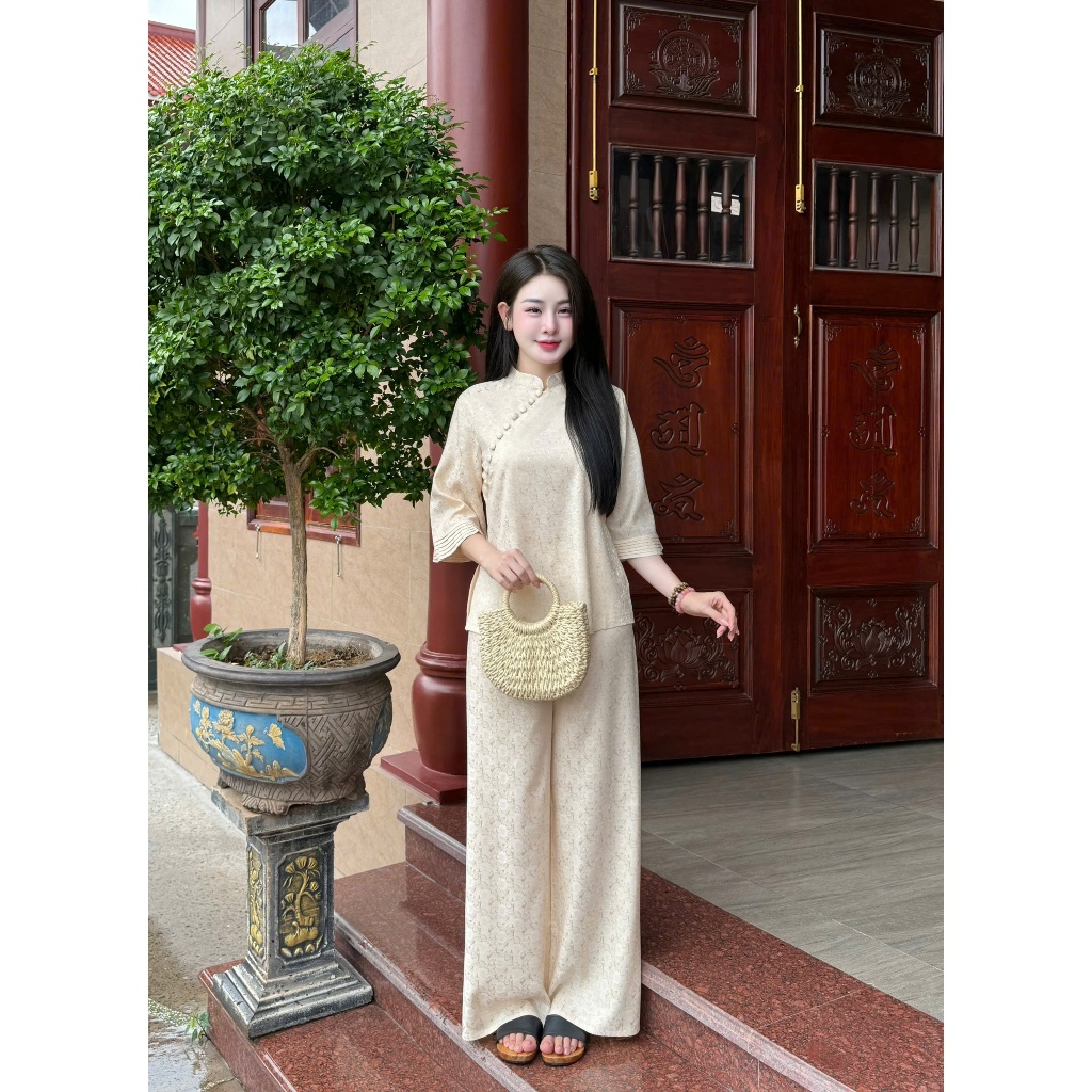 Bộ đi chùa cách tân cổ tàu đính cúc bọc lụa gấm hoa trà Pháp phục lễ chùa tay lỡ gấm mềm mịn mặc lễ tết