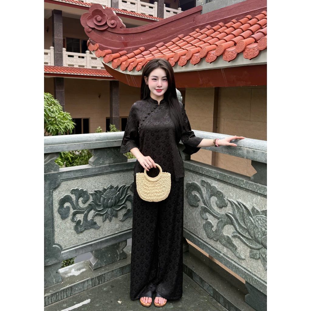 Bộ đi chùa cách tân cổ tàu đính cúc bọc lụa gấm hoa trà Pháp phục lễ chùa tay lỡ gấm mềm mịn mặc lễ tết