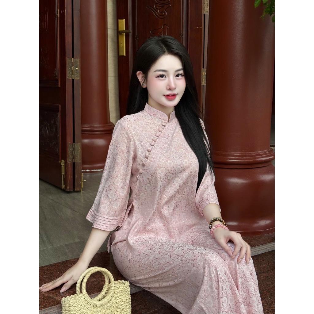Bộ đi chùa cách tân cổ tàu đính cúc bọc lụa gấm hoa trà Pháp phục lễ chùa tay lỡ gấm mềm mịn mặc lễ tết