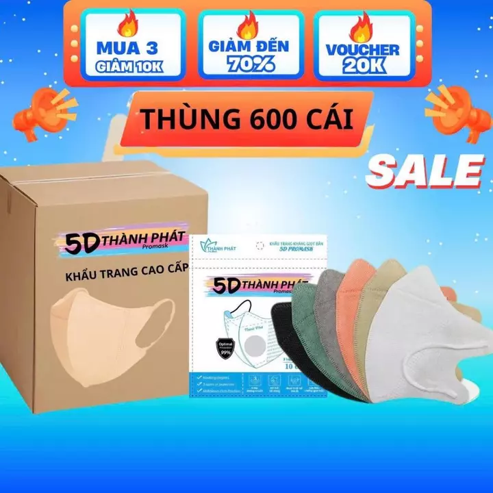 Thùng 600/400 Cái Khẩu Trang 5D THÀNH PHÁT 3 Lớp Lọc Bụi Mịn Chống Tia UV, Cho Người Lớn