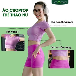 Áo Croptop Thể Thao Nữ Tập Gym Yoga ICADO HT102 Cổ Tròn Basic Vải Co Giãn Thoáng Mát  thegioidotap