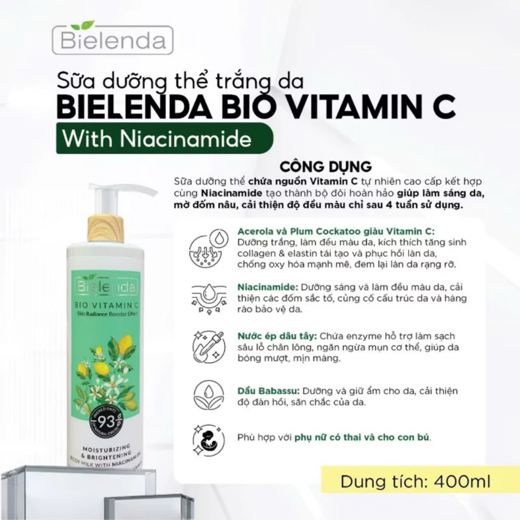 Dưỡng thể trắng da Body Lotion Bielenda Bio Vitamin C dưỡng ẩm, làm sáng mịn da - 250ml/400ml