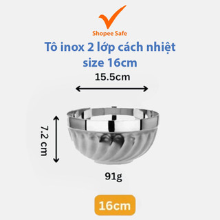 Tô inox 2 lớp cách nhiệt chống nóng size 16cm dùng ăn cơm canh tiện lợi bền đẹp
