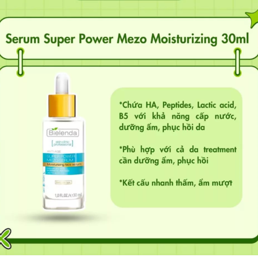 Serum Bielenda Super Power Mezo Skin Clinic Moisturizing cấp nước, dưỡng ẩm/Correcting căng bóng, mờ thâm - 30ml