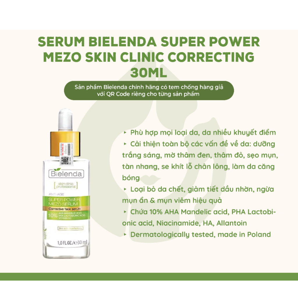 Serum Bielenda Super Power Mezo Skin Clinic Moisturizing cấp nước, dưỡng ẩm/Correcting căng bóng, mờ thâm - 30ml