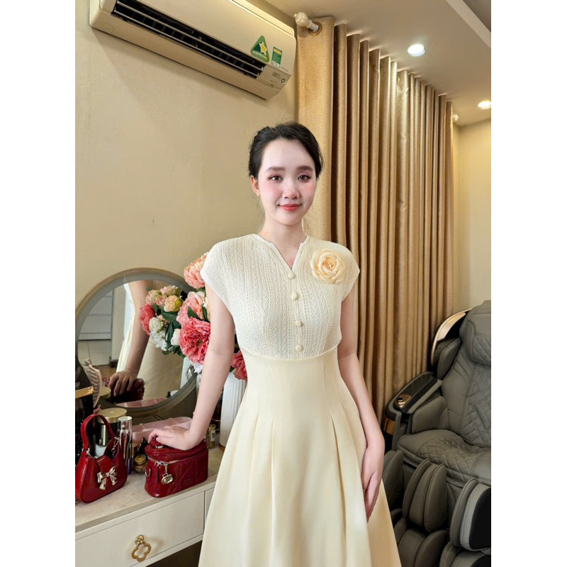 [Hàng sẵn-y hình ]Đầm dự tiệc dáng dài phối ren cổ trụ 2 túi siêu sang- PUSU house