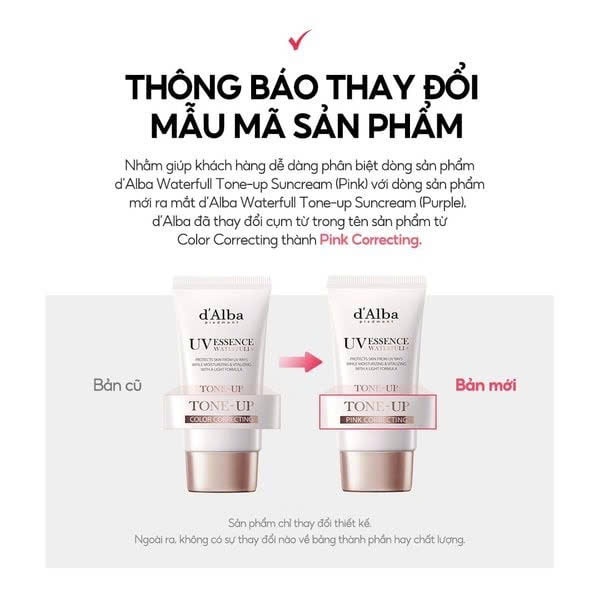 Kem chống nắng nâng tone Waterfull Tone-Up Pink Correcting Sun Cream d' Alba SPF50+ PA++++ 35ml/50ml Torriden