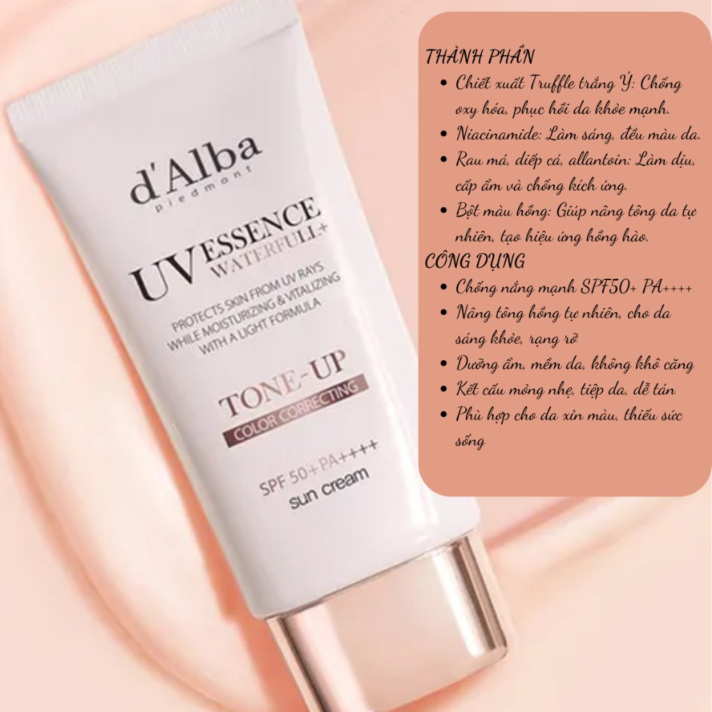 Kem chống nắng nâng tone Waterfull Tone-Up Pink Correcting Sun Cream d' Alba SPF50+ PA++++ 35ml/50ml Torriden